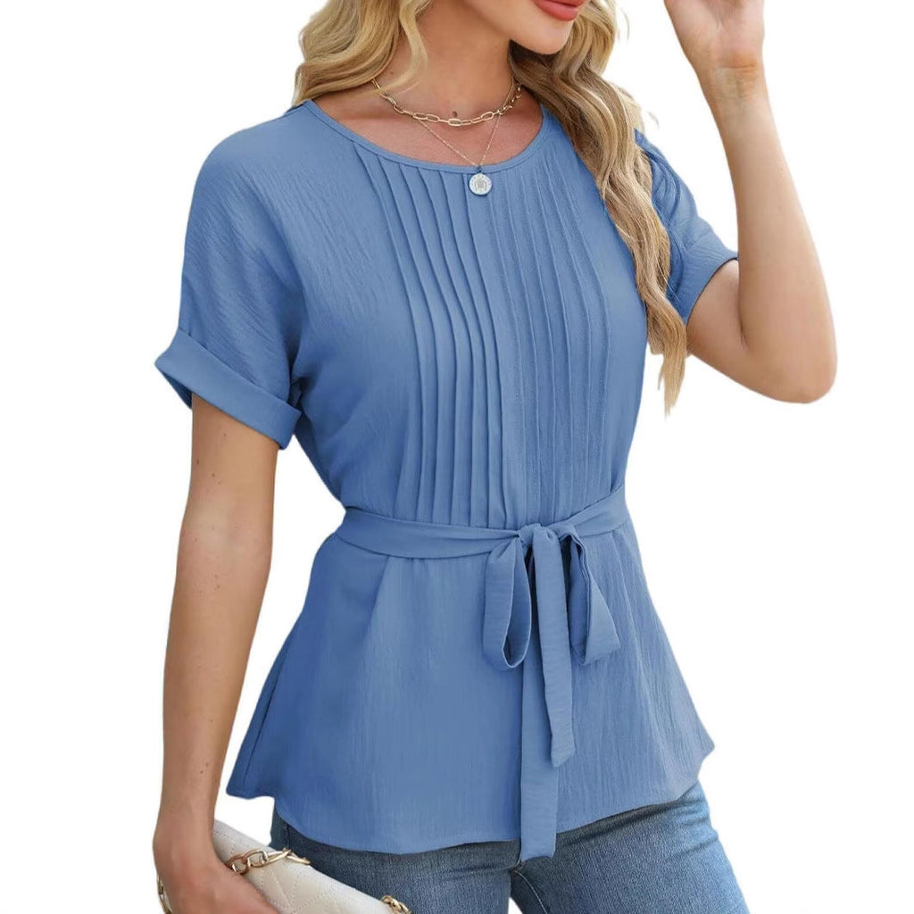 Damen elegante Bluse mit Falten-Design und Taillengürtel EB