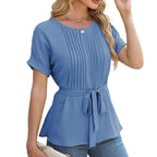 Damen elegante Bluse mit Falten-Design und Taillengürtel EB