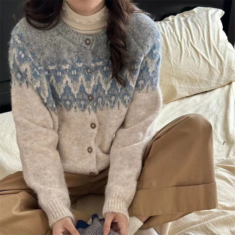 Damen Grobstrick Cardigan mit geometrischem Fair-Isle-Muster und eleganter Knopfleiste EB