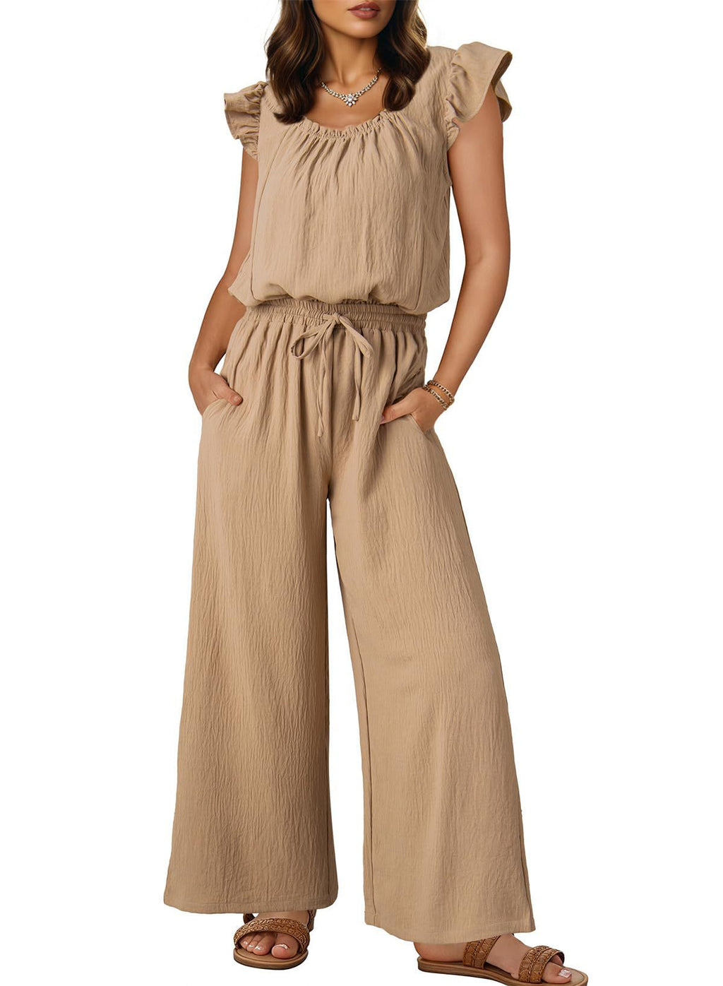 Damen-Crinkle-Jumpsuit mit weitem Bein, elastischem Bund und gerüschten Ärmeln