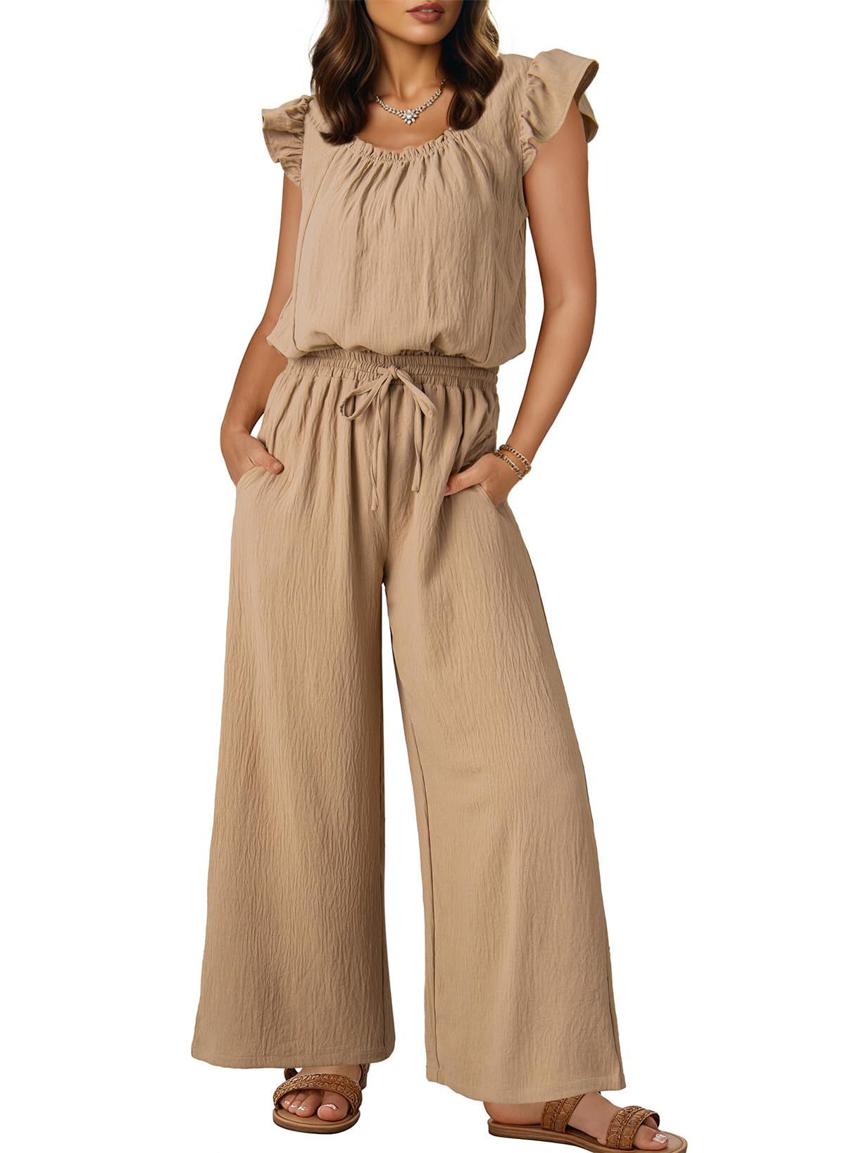 Damen-Crinkle-Jumpsuit mit weitem Bein, elastischem Bund und gerüschten Ärmeln