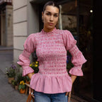 Damen Rüschenbluse mit Gingham-Muster und eleganten Puffärmeln EB