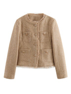 Damen elegante Tweed-Jacke mit Fransen und dekorativen Knöpfen EB