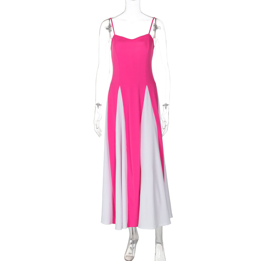 Damen Elegantes Maxikleid mit diagonalen Farbakzenten und schmalen Spaghettiträgern EB