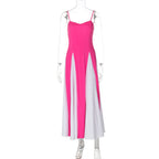 Damen Elegantes Maxikleid mit diagonalen Farbakzenten und schmalen Spaghettiträgern EB
