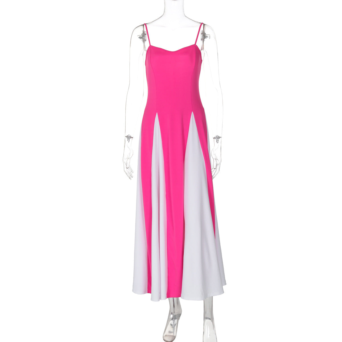 Damen Elegantes Maxikleid mit diagonalen Farbakzenten und schmalen Spaghettiträgern EB