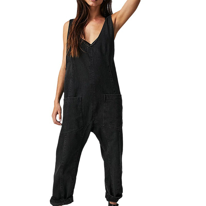 Damen lässiger Denim Overall mit tiefem V-Ausschnitt und praktischen Taschen EB