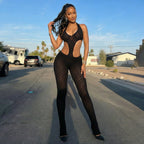 Damen Cut-Out Bodycon Overall mit tiefem V-Ausschnitt und transparenter Häkelstruktur EB