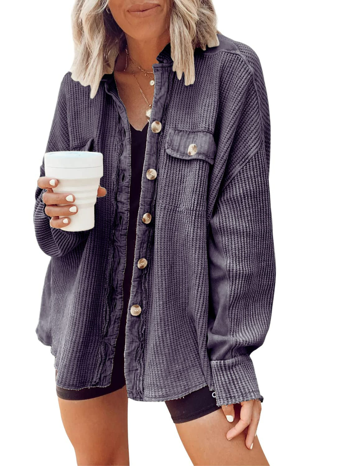Damen Lässiges Overshirt mit Struktur und Druckknopfverschluss EB