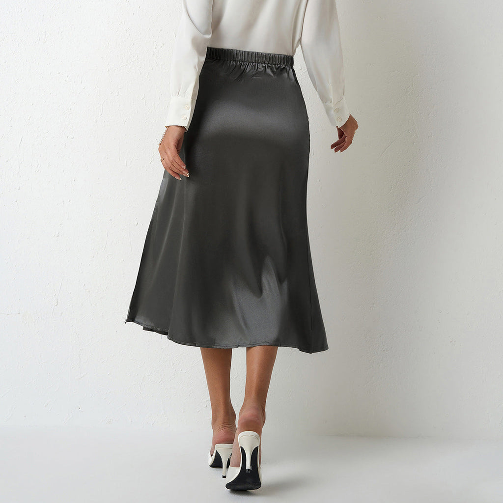 Damen eleganter Satin-Midirock mit fließendem Schnitt und hohem Bund EB