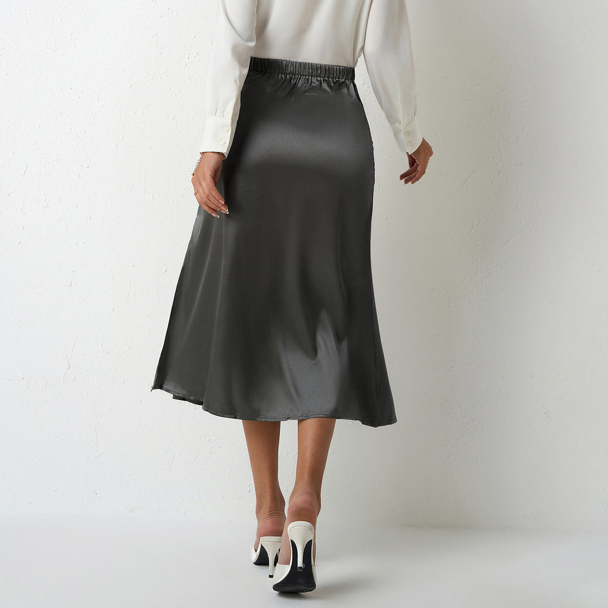 Damen eleganter Satin-Midirock mit fließendem Schnitt und hohem Bund EB