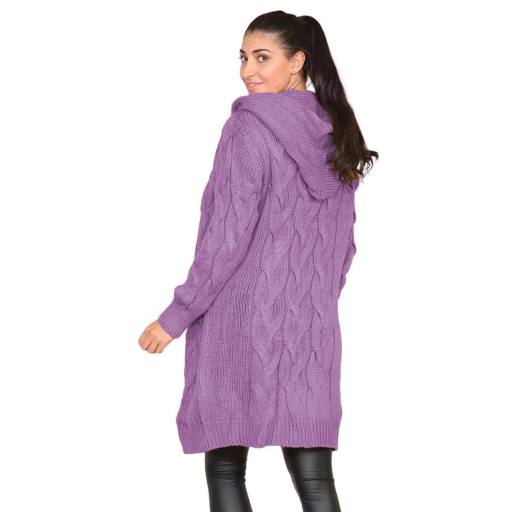 Damen Großer Strickmantel mit Kapuze und Zopfmuster EB