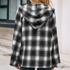 Damen Karo Overshirtjacke im lässigen Stil mit Kapuze und weiten Ärmeln EB