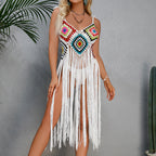 Damen Häkel-Strandüberwurf im bohemian Stil mit dekorativen Fransen EB