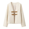 Damen elegante Bouclé-Jacke mit dekorativen Schnallen EB