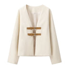Damen elegante Bouclé-Jacke mit dekorativen Schnallen EB