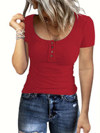 Damen Figurbetontes Kurzarmshirt mit strukturiertem Rippdesign und Knopfleiste EB
