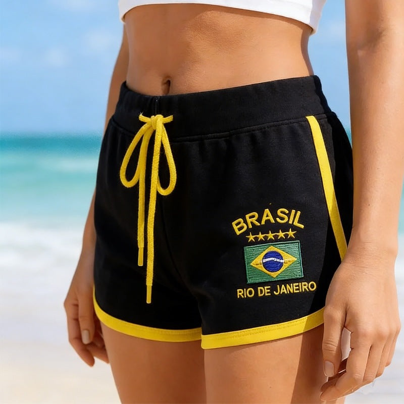 Damen-Sweatshorts mit Brasilien-Stickerei und Kordelzug