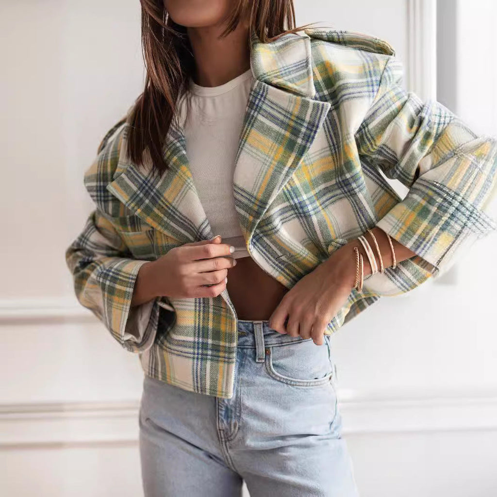 Damen Karierte Cropped Jacke EB