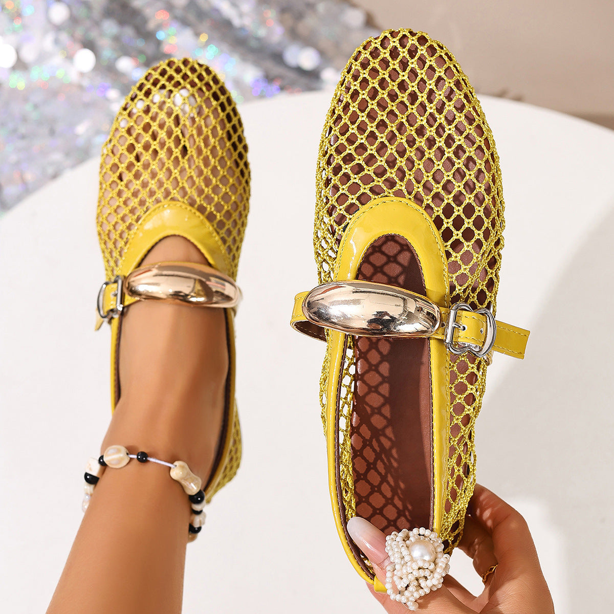 Damen Ballerinas mit modischem Netzdesign und dekorativem Riemchen EB