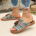 Damen Bequeme Zehensteg-Pantoletten mit buntem Muster und eleganter Quaste EB
