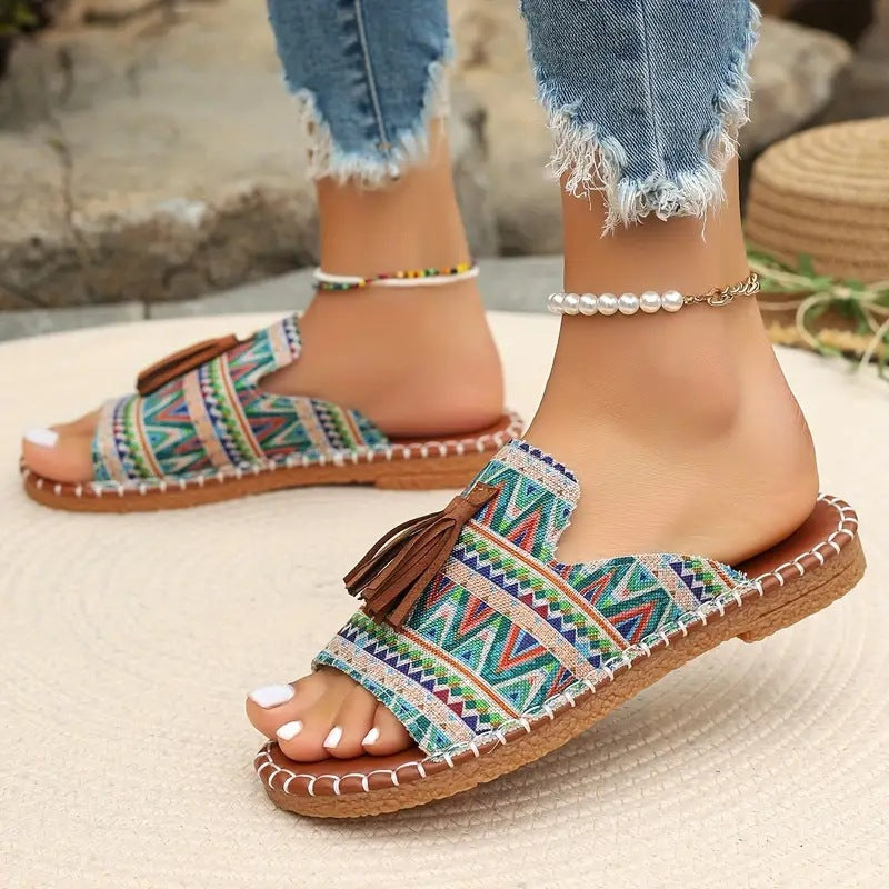 Damen Bequeme Zehensteg-Pantoletten mit buntem Muster und eleganter Quaste EB