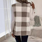 Damen Flauschige Weste mit Karomuster und Taschen EB