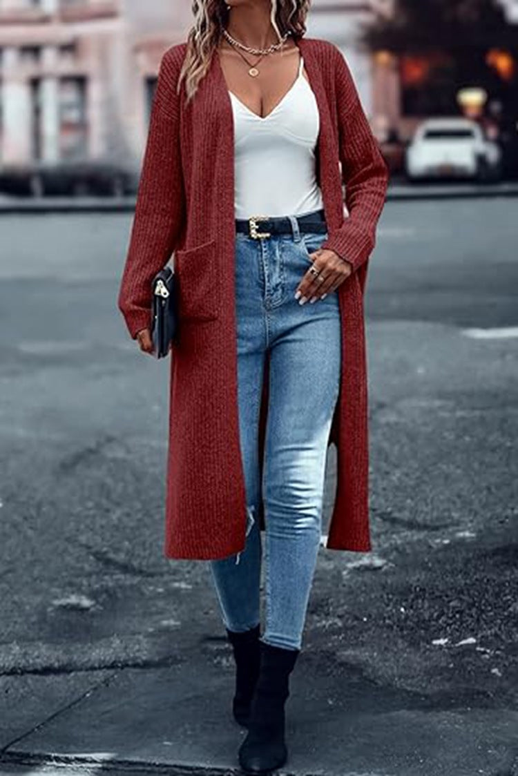 Damen Langer Strickmantel mit strukturiertem Design und praktischen Taschen EB