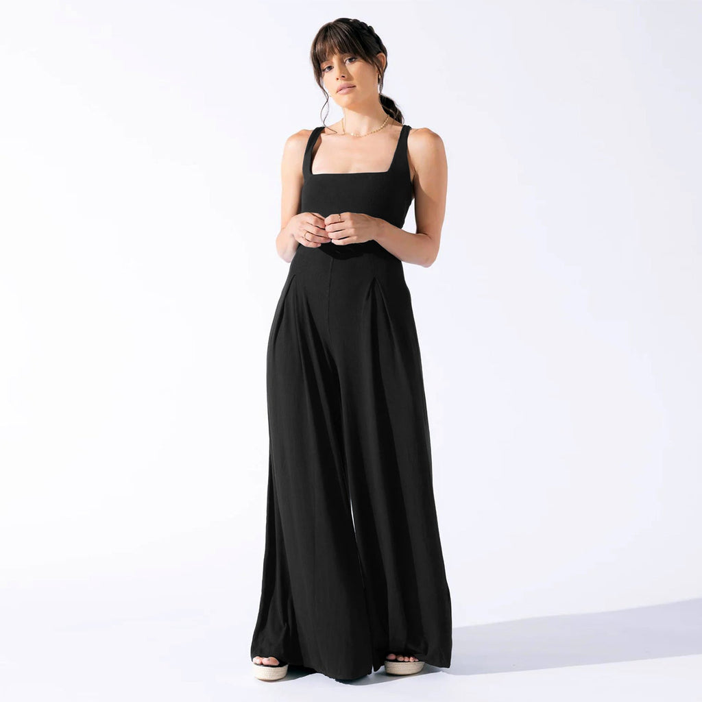 Damen Eleganter Jersey Jumpsuit mit weitem Bein und tiefem Ausschnitt EB