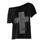 Damen stylisches Oversized T-Shirt mit Kreuz-Print und Glitzerdetails EB
