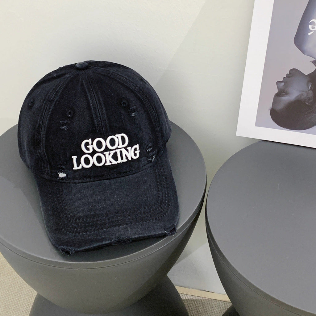 Distressed Denim Baseball Cap with Embroidered Message