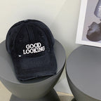 Distressed Denim Baseball Cap with Embroidered Message