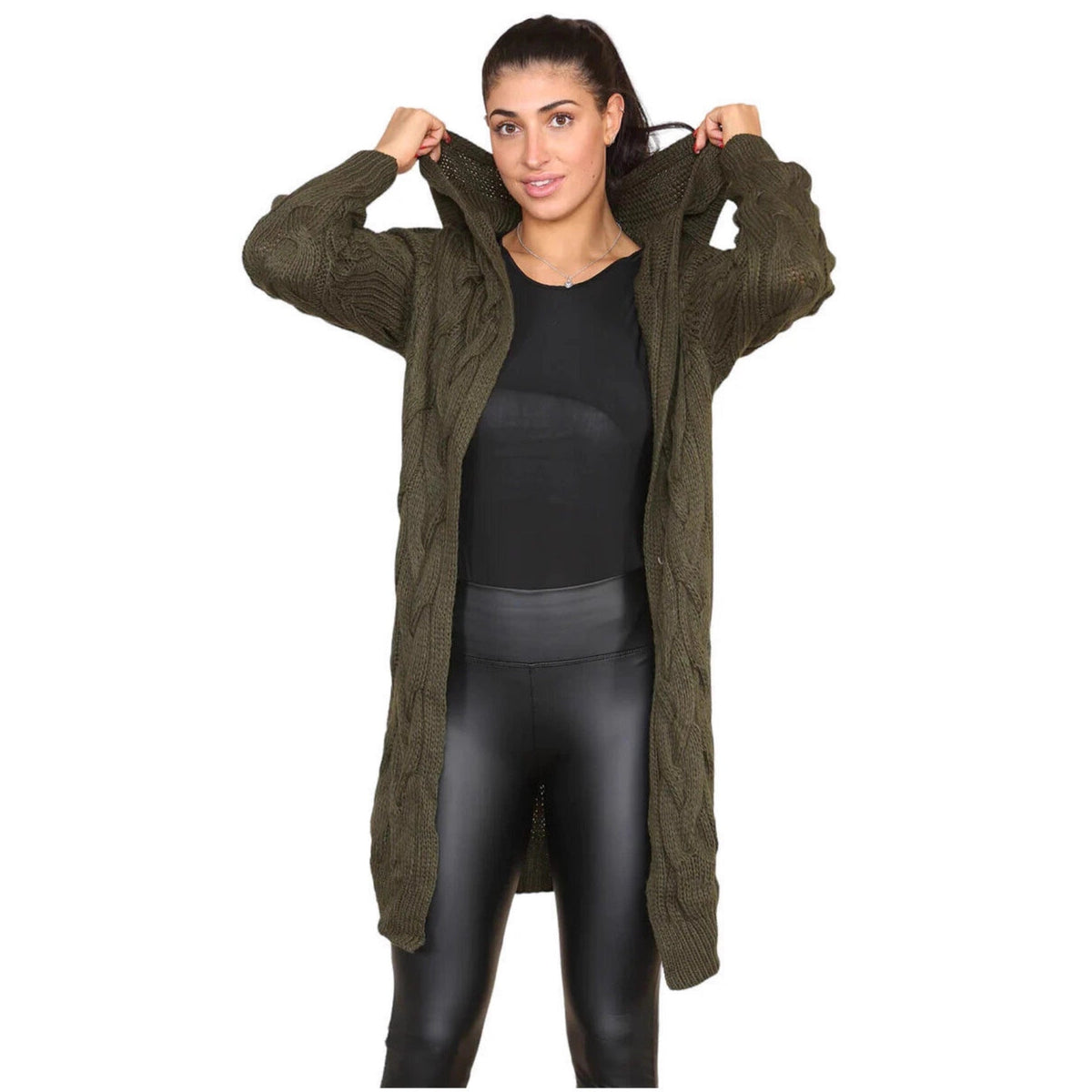 Damen Langer Strickmantel mit elegantem Zopfmuster und Kapuze EB