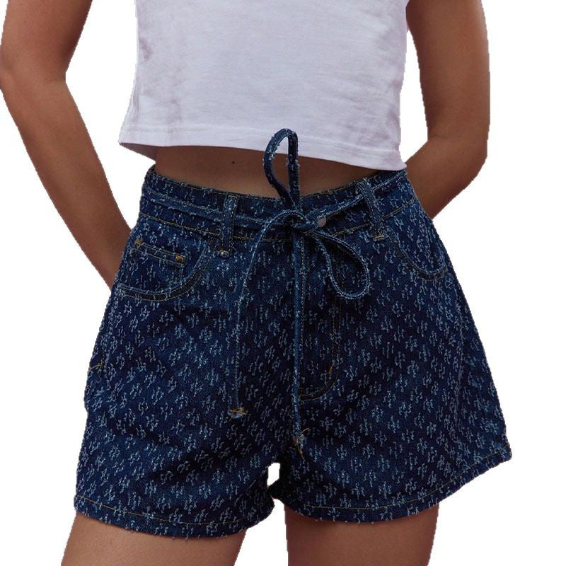 Damen Jeansshorts mit verstellbarem Kordelzug und modischem Muster EB
