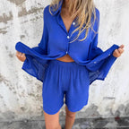 Damen legeres Baumwoll-Shorts-Set mit oversized Hemd und elastischem Bund EB