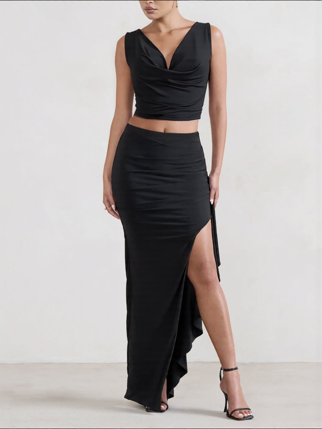 Damen Elegantes Crop-Top und Maxi-Rock Set mit hohem Schlitz EB