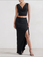 Damen Elegantes Crop-Top und Maxi-Rock Set mit hohem Schlitz EB