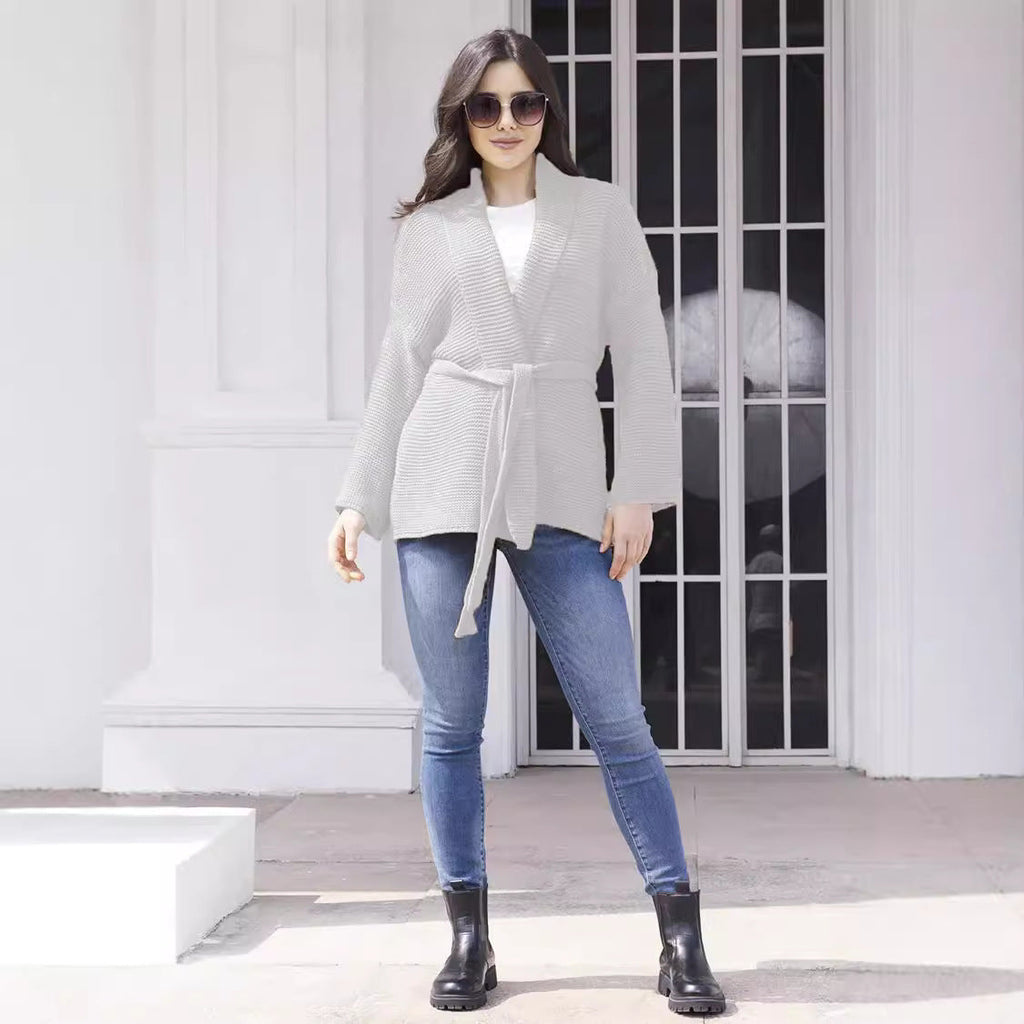 Damen Grobstrick-Cardigan mit Gürtel und weitem Schnitt EB