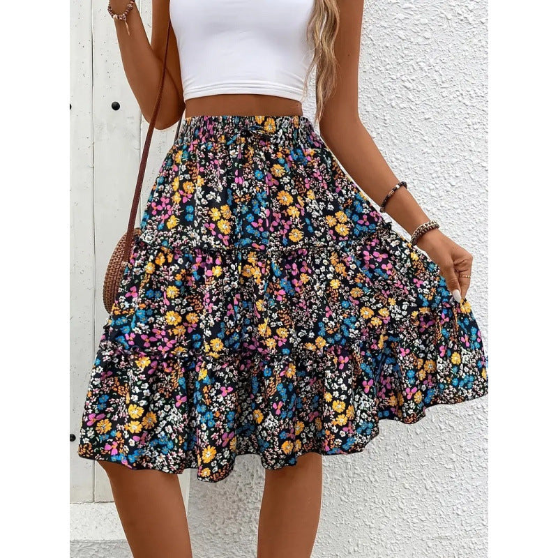 Damen Floral Midi-Rock mit voluminösem Schnitt und elastischem Bund EB