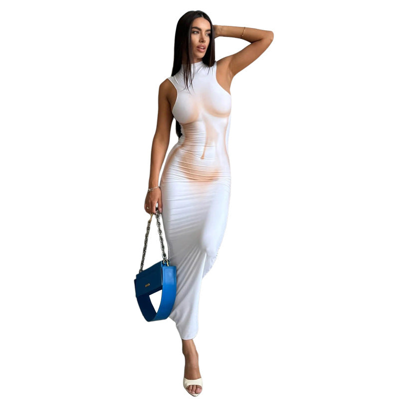 Damen Elegantes, figurbetontes Abendkleid mit hohem Kragen und transparentem Stoff EB