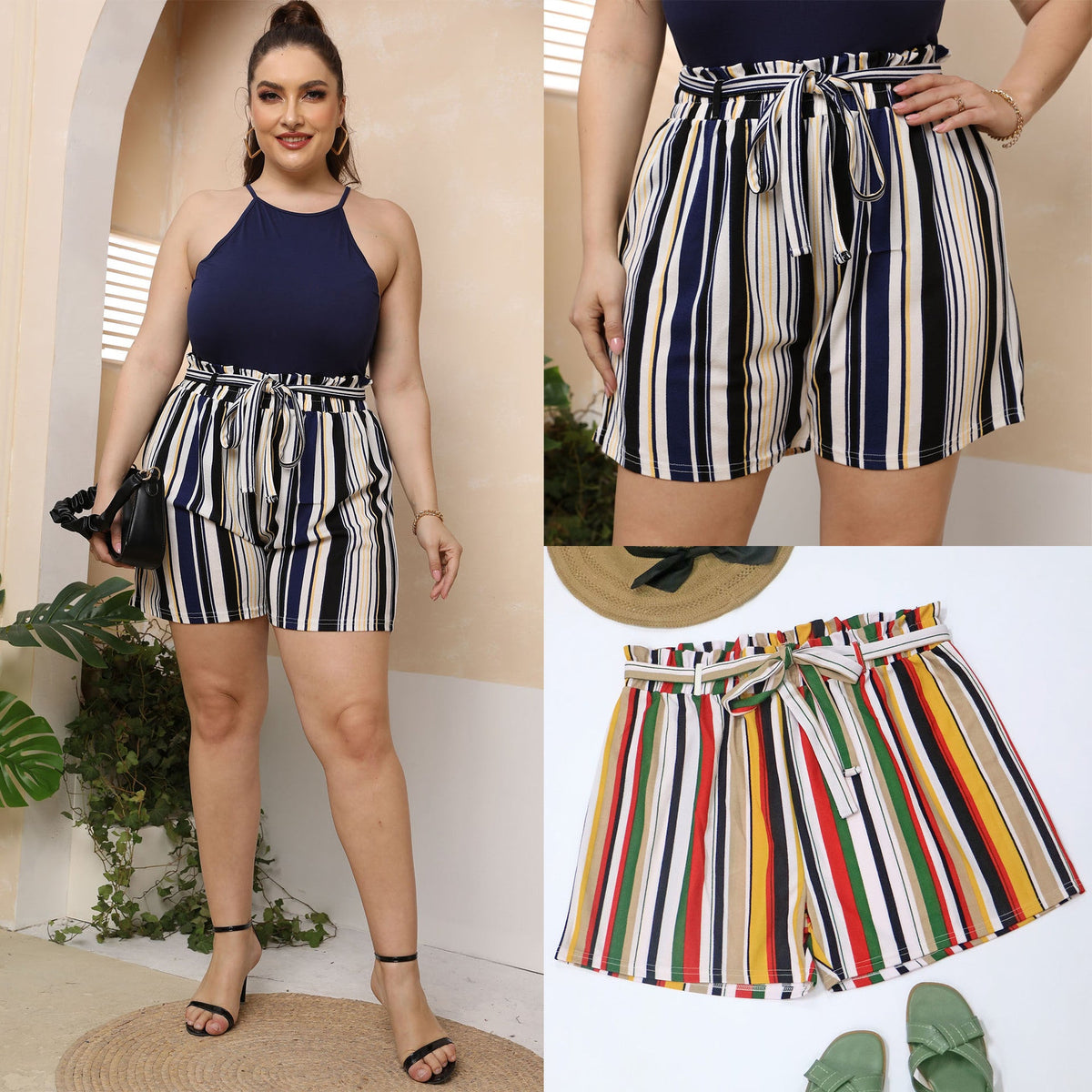Gestreifte Damen-Sommershorts mit elastischem Bund