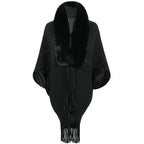 Damen luxuriöser Strickponcho mit elegantem Kunstfellkragen und Fransen EB