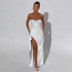 Damen Elegantes Abendkleid mit schimmerndem Oberteil und hohem Schlitz EB