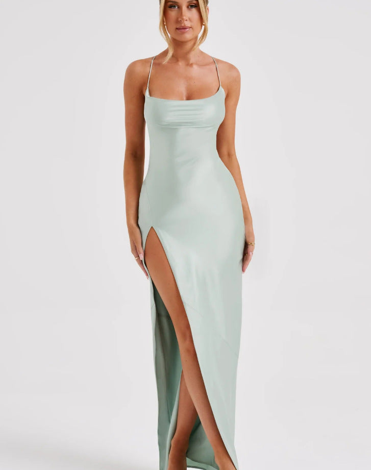 Damen Elegantes Maxikleid mit schmalen Spaghettiträgern und seitlichem Schlitz EB