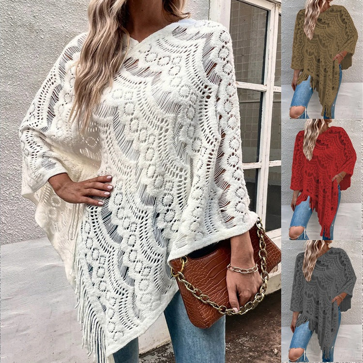 Damen eleganter Poncho mit dekorativem Häkelmuster EB
