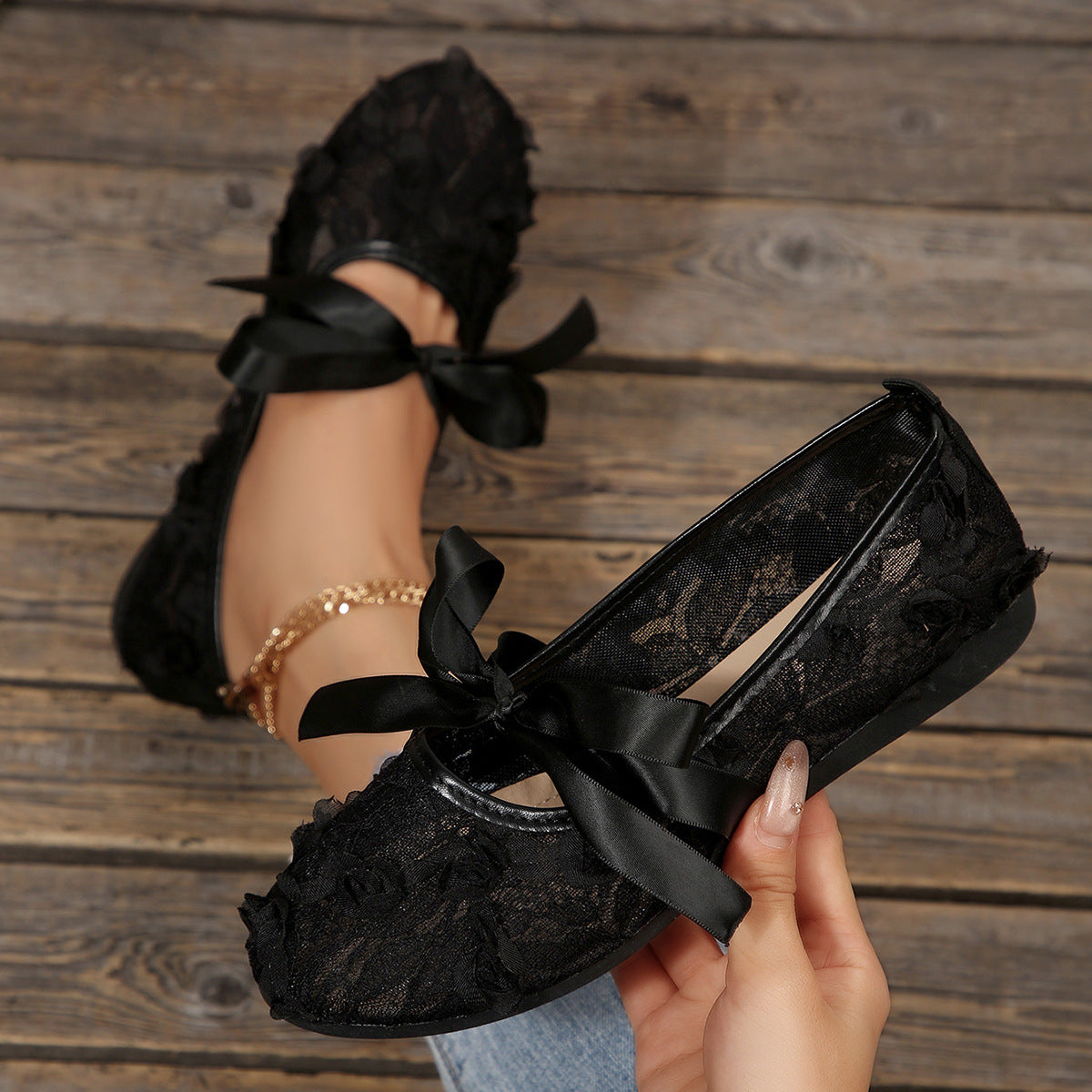 Damen elegante Ballerinas mit floralen Applikationen und rutschfester Sohle EB