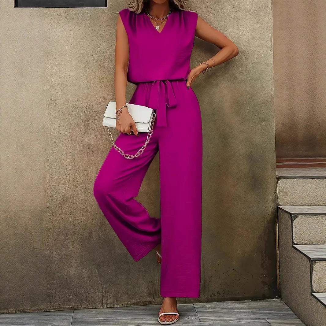 Eleganter Damen-Jumpsuit mit V-Ausschnitt und Taillenknoten