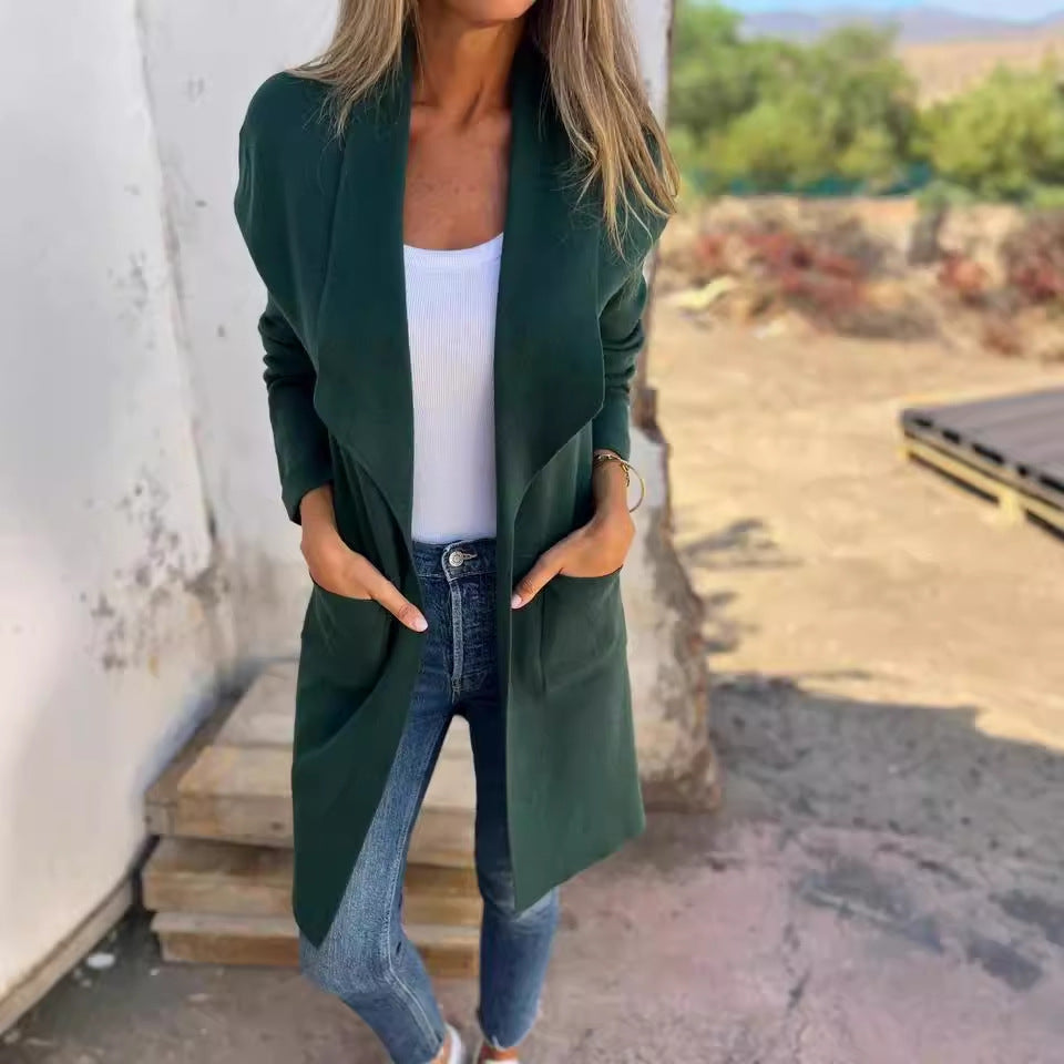 Damen Lässiger Oversize Mantel mit Offenem Kragen und Praktischen Taschen EB