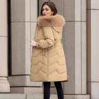 Damen eleganter und isolierter Wintermantel mit abnehmbarem Kunstfellkragen EB