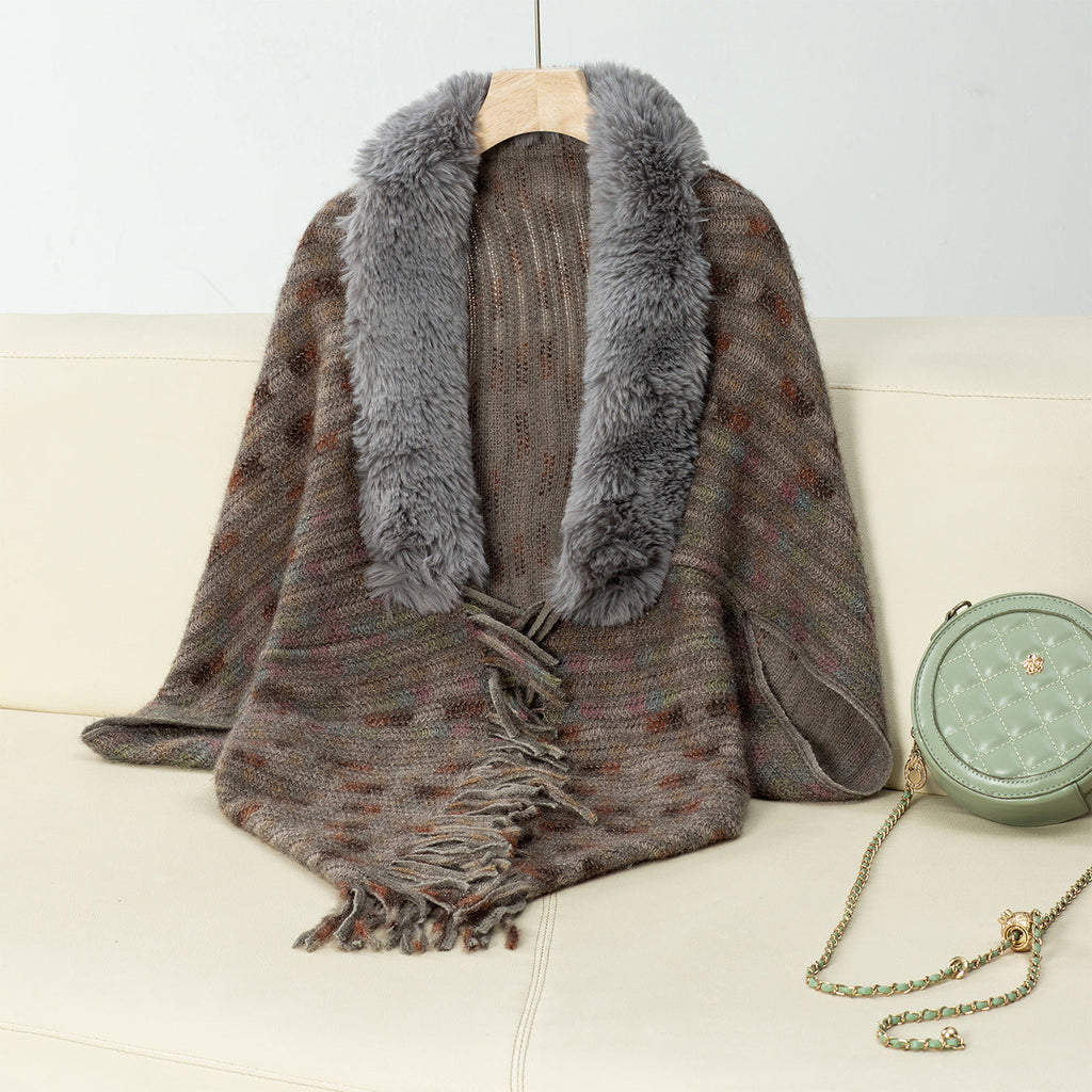 Damen eleganter Poncho mit luxuriösem Kunstfellkragen und Fransen EB